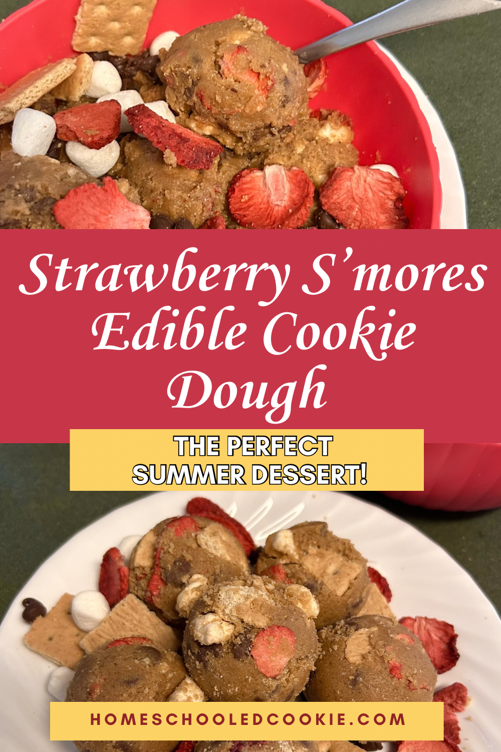 A picture of edible cookie dough with s'mores and strawberry toppings in it.